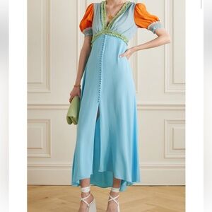 SALONI Lea smocked color-block crepe midi dress
